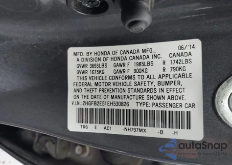 2014 Honda Civic Lx z USA, uszkodzony, nr VIN 2HGFB2E51EH530826